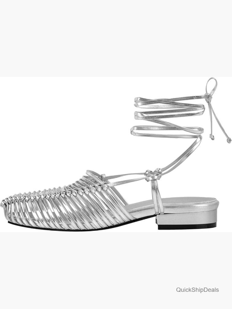 Woven Canvas Flat Sandals With Lace Up Closure And Low Heel